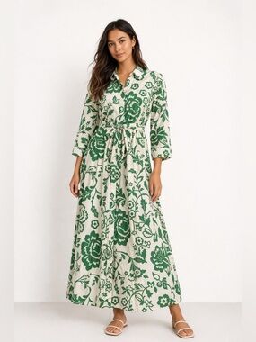 Zara Green White Floral Shirt Dress Maxi Botanical Garden Resort L